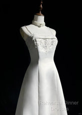 A-Line Spaghetti Strap Beaded Satin Long Semi Formal Prom Dress White Wedding Dress Graduation Semi Formal Prom Dress